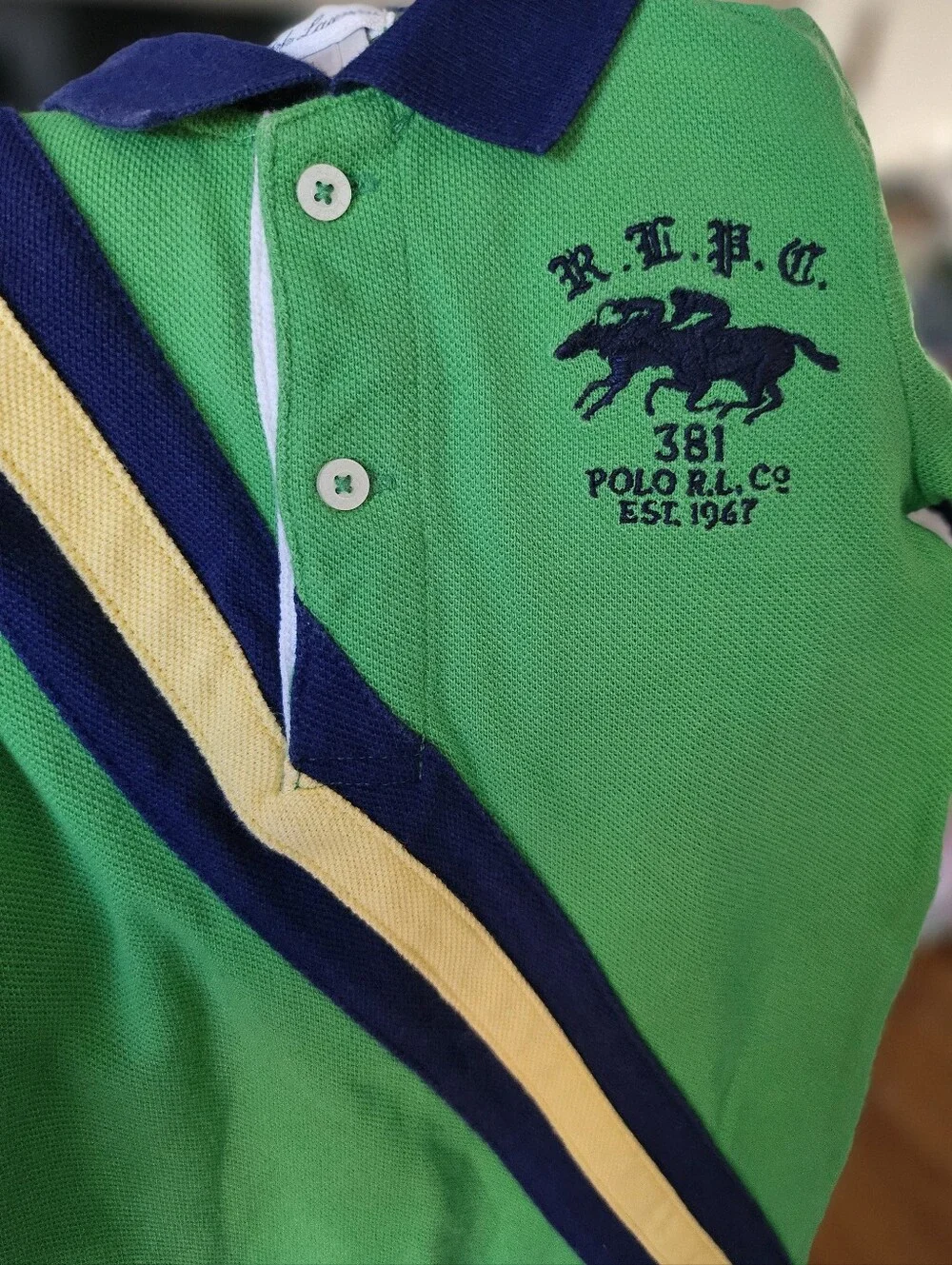 Ralph Lauren Green Baby Polo Romper with Navy Collar and Yellow Stripe